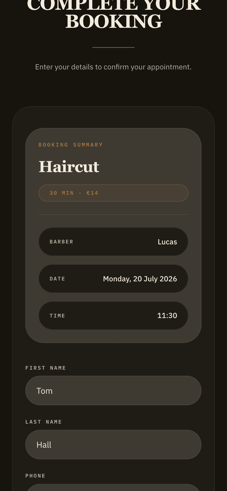Mobile booking review and confirmation form
