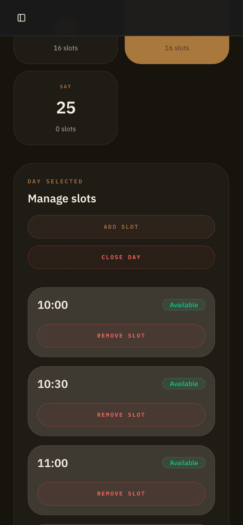 Bhavvy availability management page on mobile