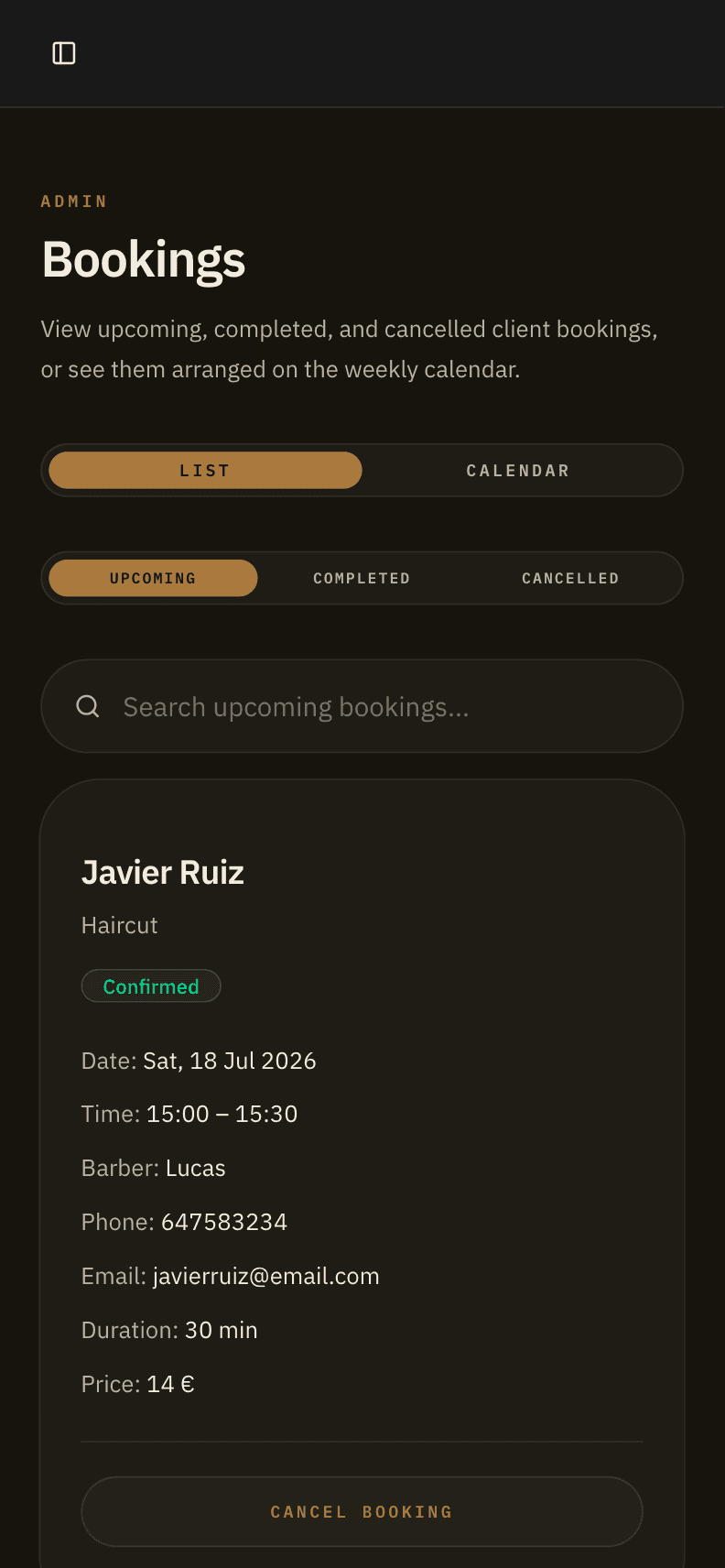 Bhavvy bookings management page on mobile