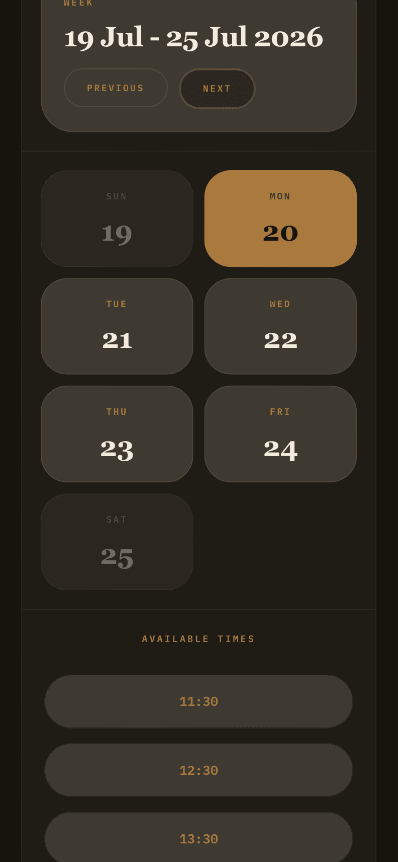 Mobile date and time selection screen