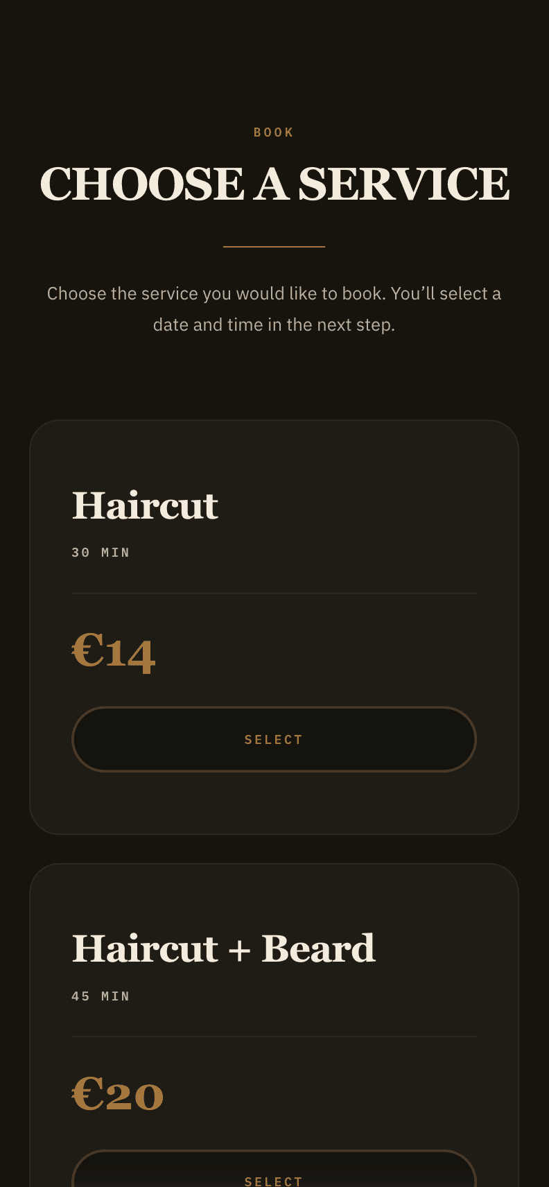 Mobile service selection screen